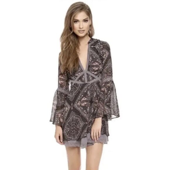 Free People Bell Sleeve Empire Waist Paisley Print Mini Dress - Picture 1 of 11